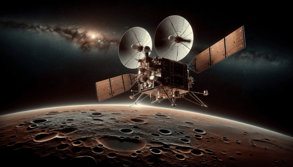 Mariner 9 spacecraft approaching Mars in space