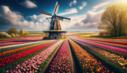 Netherlands Dutch windmill set in a field of tulips