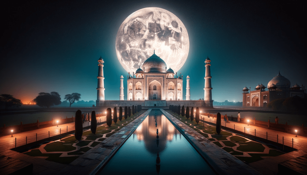 Taj Mahal in India under a full moon