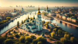 Ukraine Saint Sophia Cathedral and the Dnieper River in Kyiv